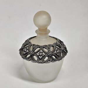 Frosted Glass Perfume Bottle w/Pewter Metal Ring Silvestri? Vintage